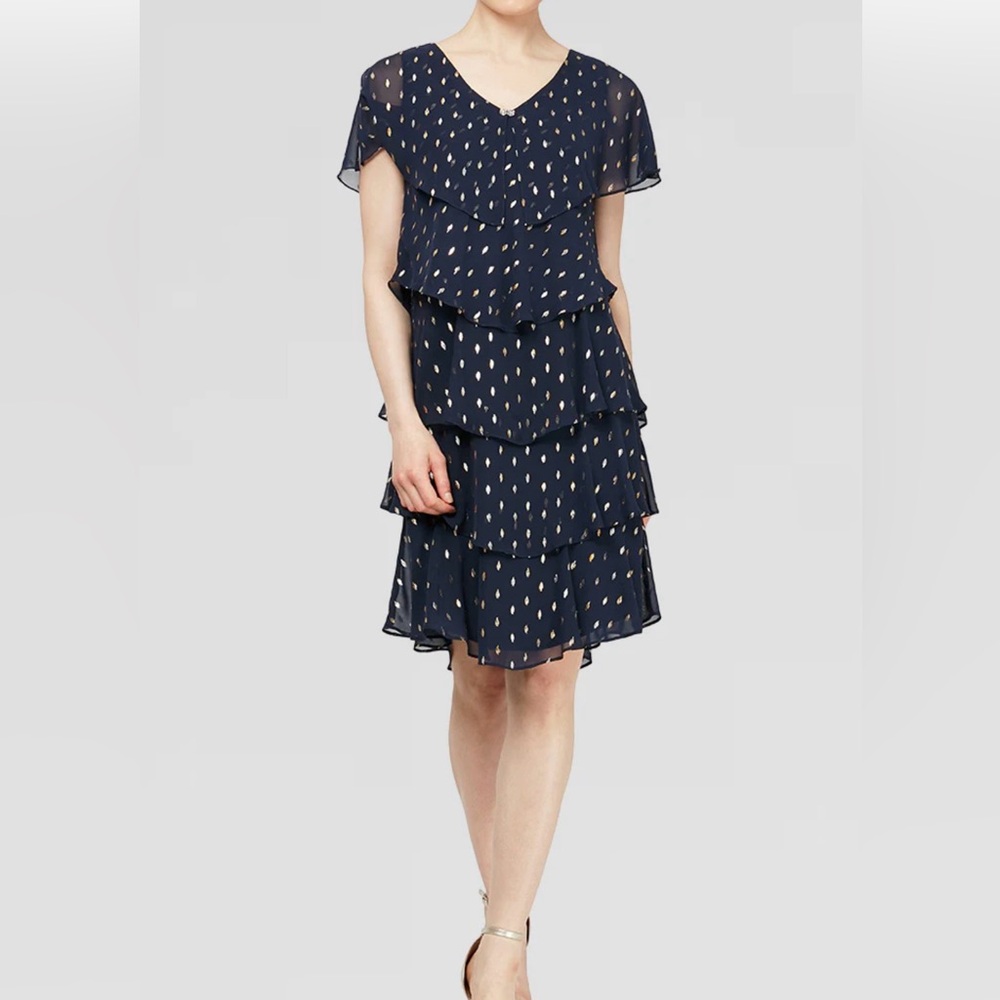 SLNY Dress Navy with Gold Foil Chiffon Tiered Dress with Rhinestone accent